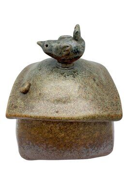 Anne Szilagyi Ceramic Lidded Box Bird Figurine Rustic Glaze 4" Artisan Pottery